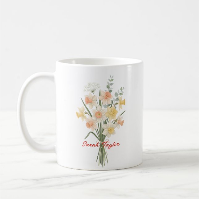 Watercolor Birth Flower Narcissus Custom Coffee Mug (Left)