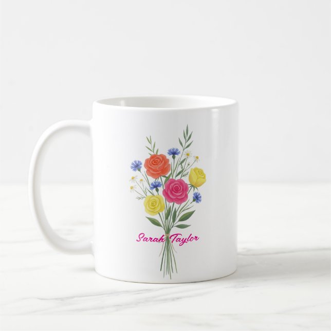 Watercolor Birth Flower Rose Custom Coffee Mug (Left)