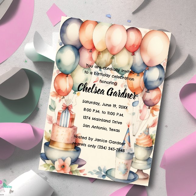 Watercolor Birthday Balloons Cake Food Invitation (Creator Uploaded)