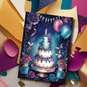 Watercolor Birthday Balloons Cake Navy Blue Purple Invitation