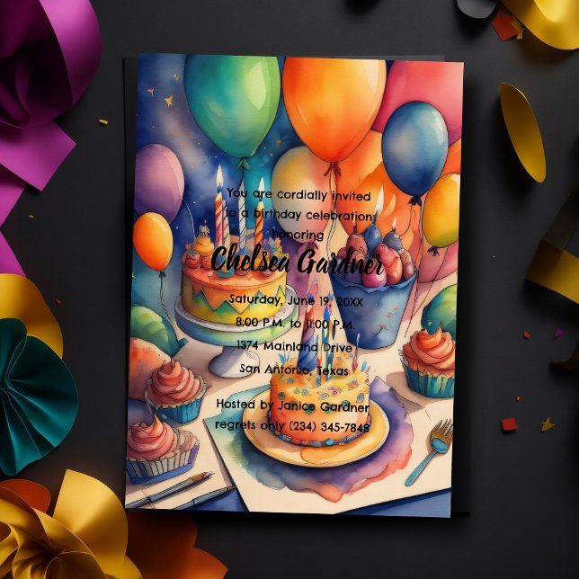 Watercolor Birthday Balloons Colourful Cakes Invitation (Creator Uploaded)
