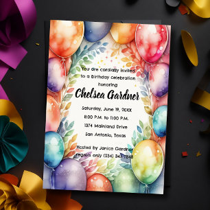 Watercolor Birthday Balloons Colourful Invitation