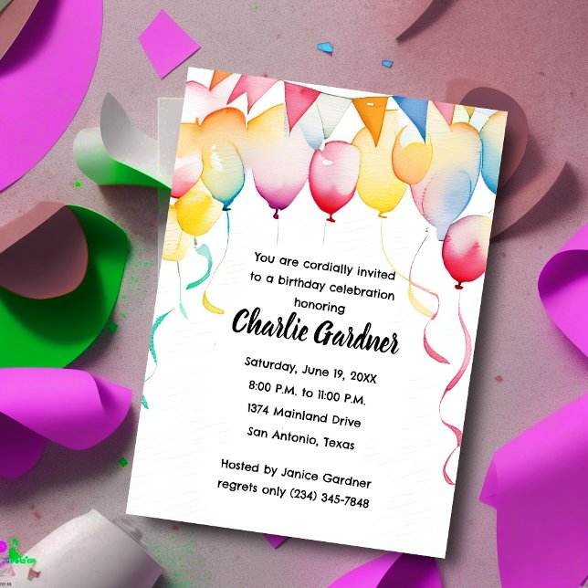 Watercolor Birthday Balloons Colourful Invitation (Creator Uploaded)