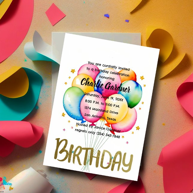 Watercolor Birthday Balloons Colourful Invitation (Creator Uploaded)