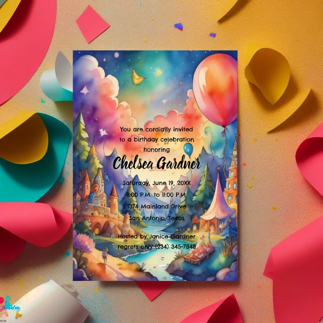 Watercolor Birthday Balloons Fantasy Landscape Invitation (Creator Uploaded)