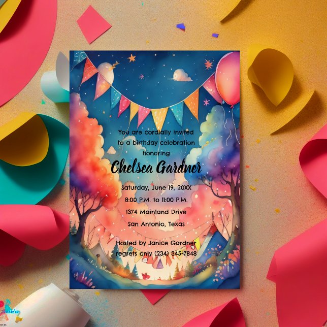 Watercolor Birthday Balloons Fantasy Landscape Invitation (Creator Uploaded)