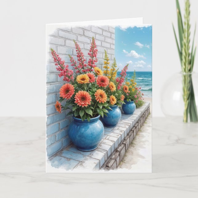 Watercolor Birthday Beach Dahlias Card (Front)
