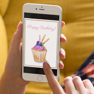 Watercolor Birthday Berry Cupcake With Candle Card