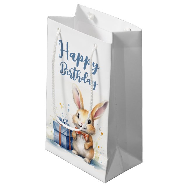 Watercolor Birthday Bunny Small Gift Bag (Front Angled)