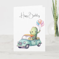 Watercolor Birthday Cacti In Retro Truck