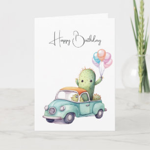 Watercolor Birthday Cacti In Retro Truck Card