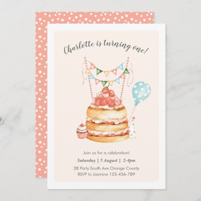 Watercolor Birthday Cake Invitation (Front/Back)