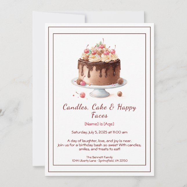 Watercolor Birthday Cake Invitation – chocolate (Front)