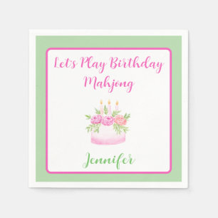 Watercolor Birthday Cake Mahjong PERSONALIZE Green Napkin