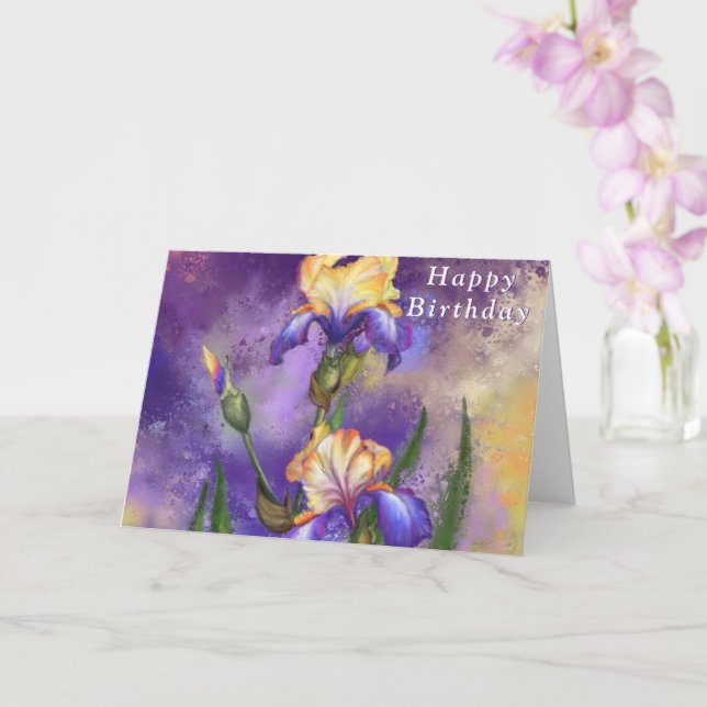 Watercolor Birthday Card with Iris Flowers (Orchid)
