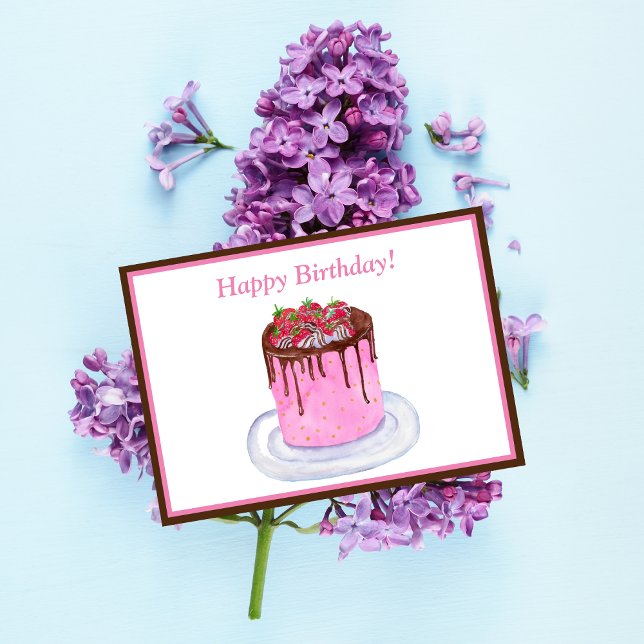 Watercolor Birthday Chocolate Strawberries Cake  Card (Sweetness, joy, and delight in a hand-painted watercolor cake.)