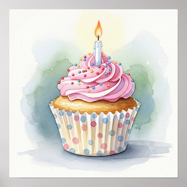 Watercolor Birthday Cupcake Print (Front)