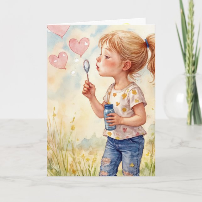 Watercolor Birthday Girl Blowing Heart Bubbles Card (Front)