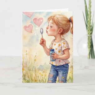 Watercolor Birthday Girl Blowing Heart Bubbles Card