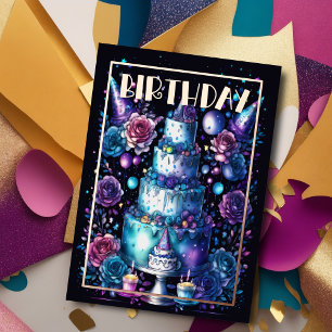 Watercolor Birthday Navy Blue Purple Turquoise 