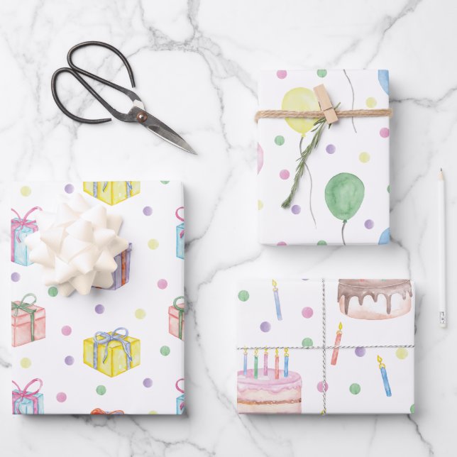 Watercolor Birthday Present Balloons Cake Confetti Wrapping Paper Sheet (Front)