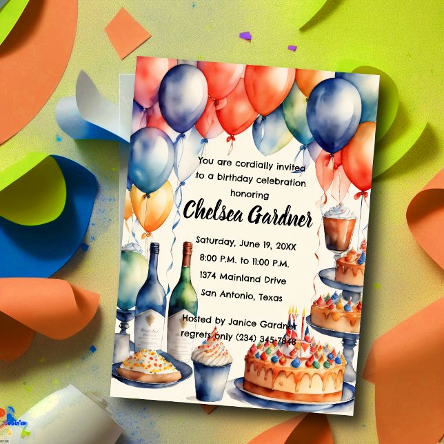 Watercolor Birthday Wine Cake Food Invitation (Creator Uploaded)
