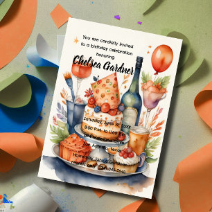 Watercolor Birthday Wine Cake Food Invitation