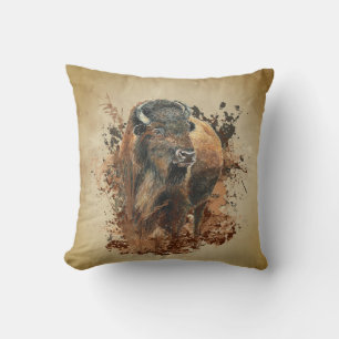 Watercolor Bison Buffalo Animal Wildlife Nature  Cushion