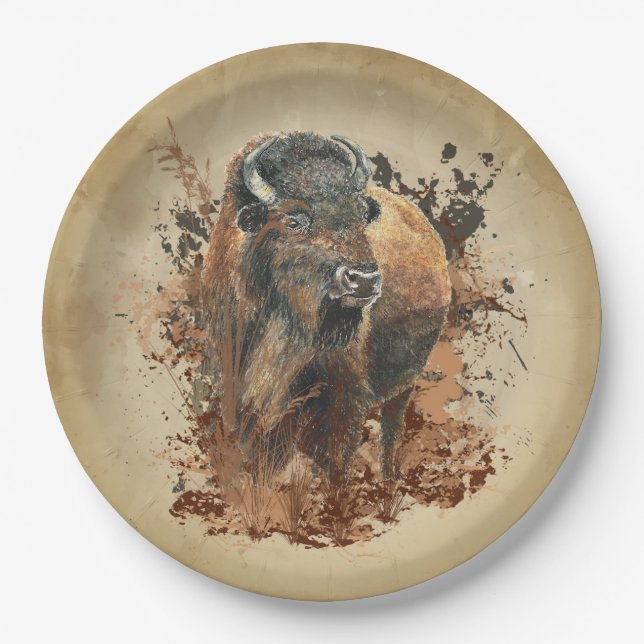 Watercolor Bison Buffalo Animal Wildlife Nature  Paper Plate (Front)