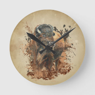 Watercolor Bison Buffalo Animal Wildlife Nature   Round Clock