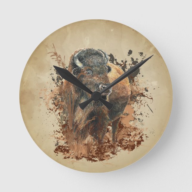 Watercolor Bison Buffalo Animal Wildlife Nature   Round Clock (Front)