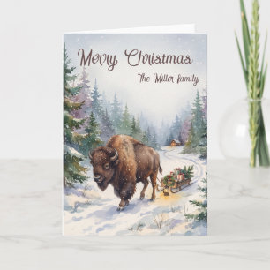 Watercolor Bison Sled Woodland Christmas Custom Card