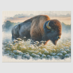 Watercolor Bison White Wildflowers Decoupage Tissue Paper