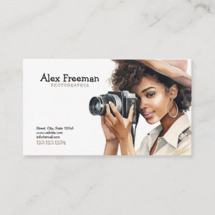 Watercolor Black and Brown Lady Photographer Business Card