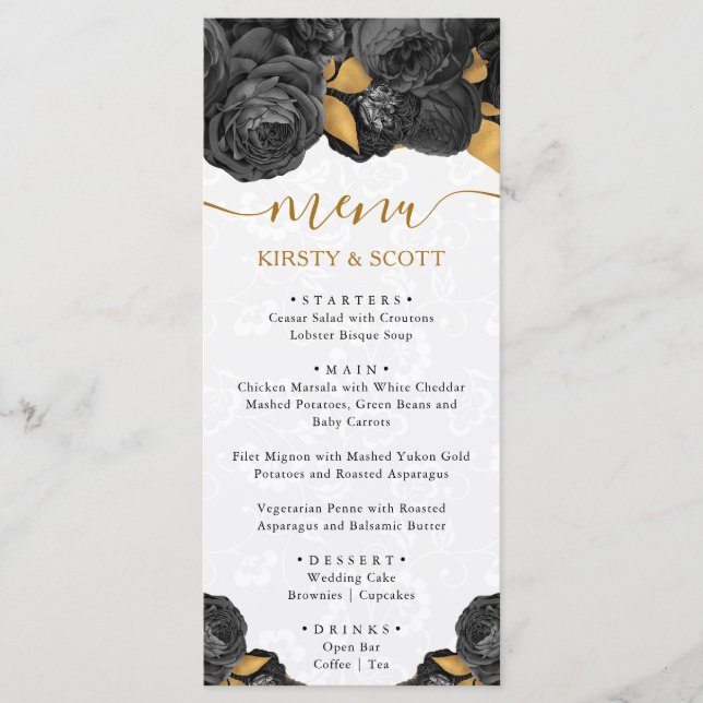 Watercolor Black and Gold Flowers Wedding Menu (Front)