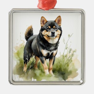 WATERCOLOR BLACK AND TAN SHIBA INU DOG METAL ORNAMENT