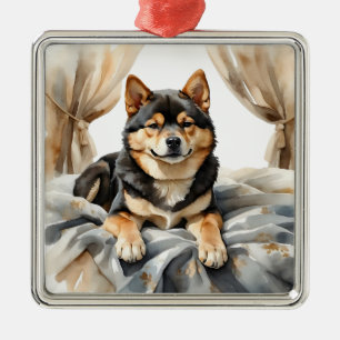 WATERCOLOR BLACK AND TAN SHIBA INU DOG METAL ORNAMENT