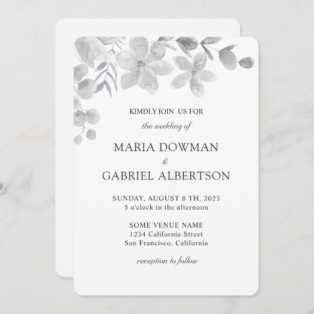 Watercolor black and white botanic Floral wedding  Invitation (Front/Back)