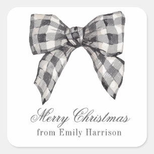 Watercolor Black and White Buffalo Plaid Bow Square Sticker