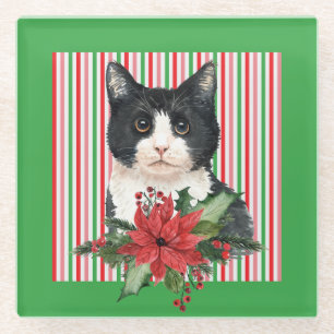 Watercolor Black and White Cat & Poinsettia Glass Coaster