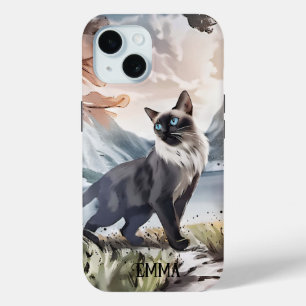 Watercolor Black and White Fluffy Cat in Nature iPhone 15 Case