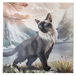 Watercolor Black and White Fluffy Cat in Nature Ceramic Tile