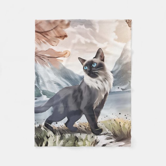 Watercolor Black and White Fluffy Cat in Nature Fleece Blanket (Front)