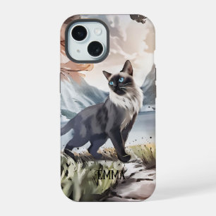 Watercolor Black and White Fluffy Cat in Nature iPhone 15 Case