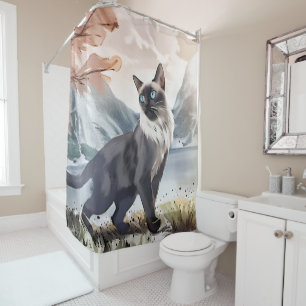 Watercolor Black and White Fluffy Cat in Nature Shower Curtain