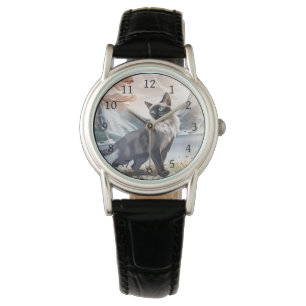 Watercolor Black and White Fluffy Cat in Nature Watch