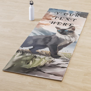 Watercolor Black and White Fluffy Cat in Nature Yoga Mat