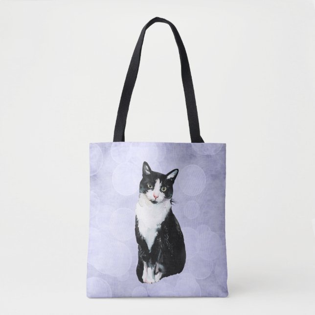 Watercolor Black and White Tuxedo Cat Tote Bag (Front)