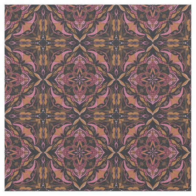 Watercolor Black Azulejo Spanish Tile  Fabric (Close Up)