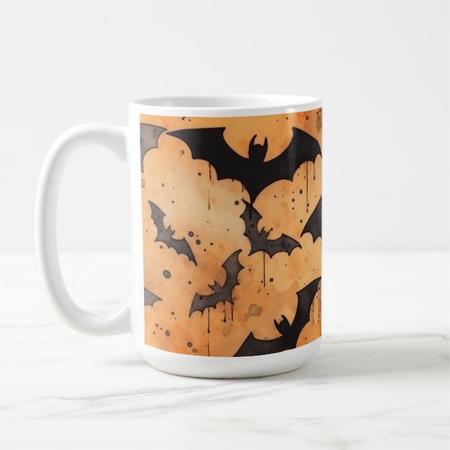 Watercolor Black Bats on Orange Coffee Mug (Left)